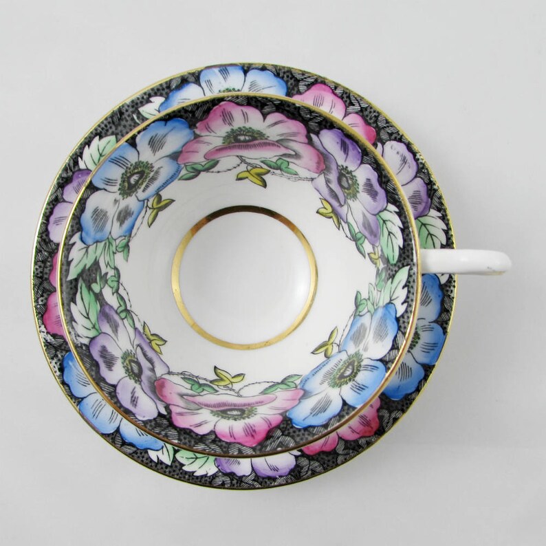Vintage Tea Cup and Saucer Black with Flowers by Taylor and Etsy