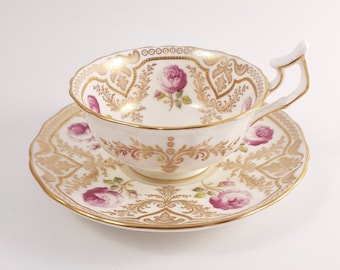 Antique Tea Cup and Saucer with Heavy Gold and Pink Roses by Cauldon, Bone China, Made in England