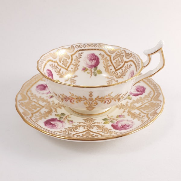 Antique Tea Cup and Saucer with Heavy Gold and Pink Roses by Cauldon, Bone China, Made in England