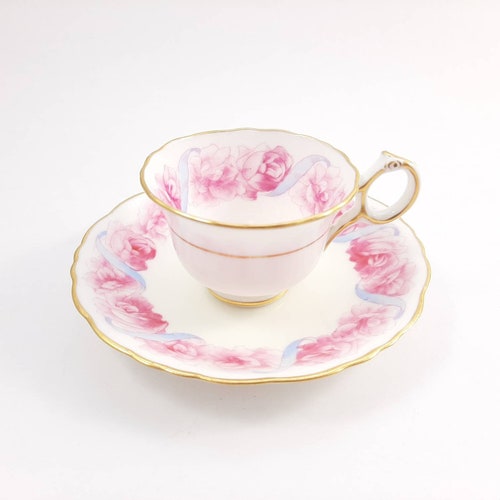 Antique Cauldon Demitasse with Pink Rose Garland and Blue Ribbon, Vintage Bone China, Small Tea Cup and Saucer, Coffee Cup