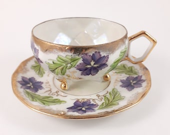 Japanese Tea Cup and Saucer by Shafford with Purple Flowers, Three Footed Tea Cup