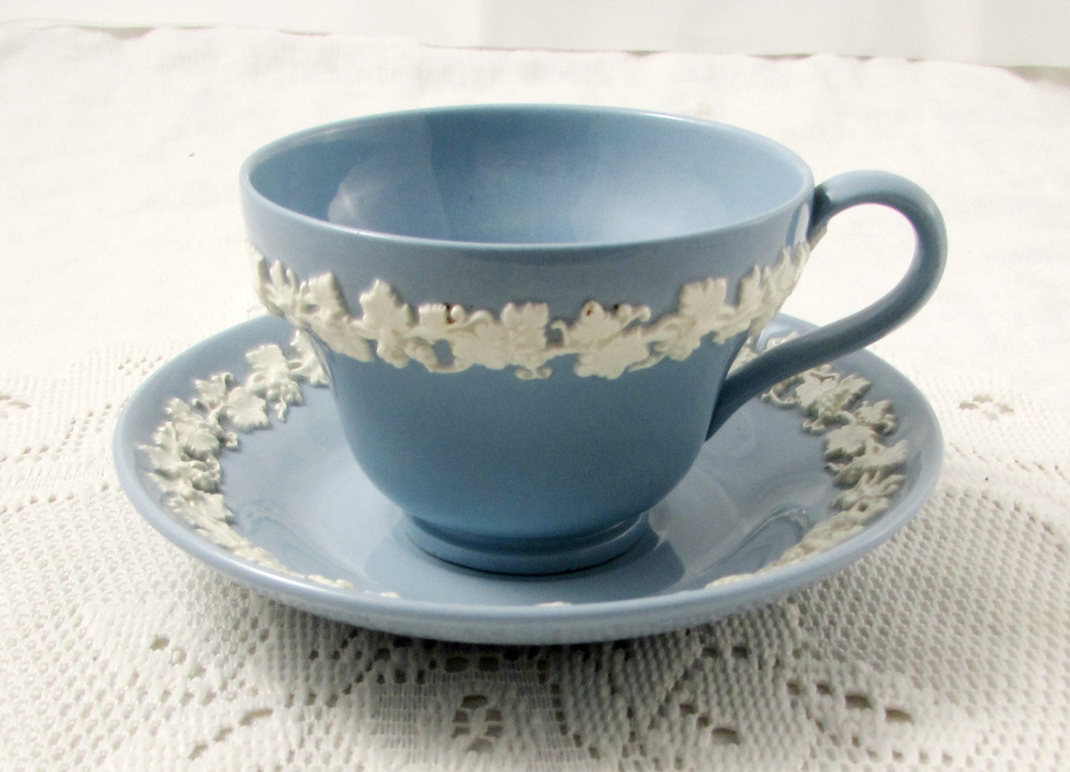 Wedgwood Tea Cup and Saucer Blue and White Embossed Queens Etsy