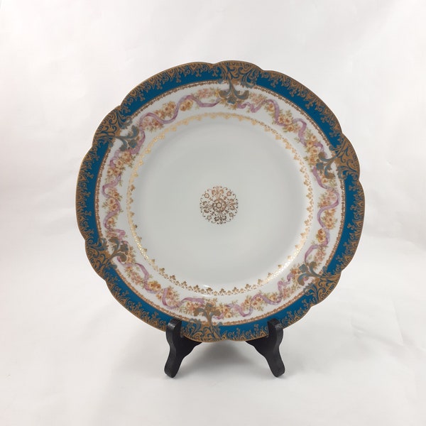 Antique Limoges Plate with Teal and Gold Border, Pink Ribbon Plate, Limoges CFH GDM France, 9.75 Inches