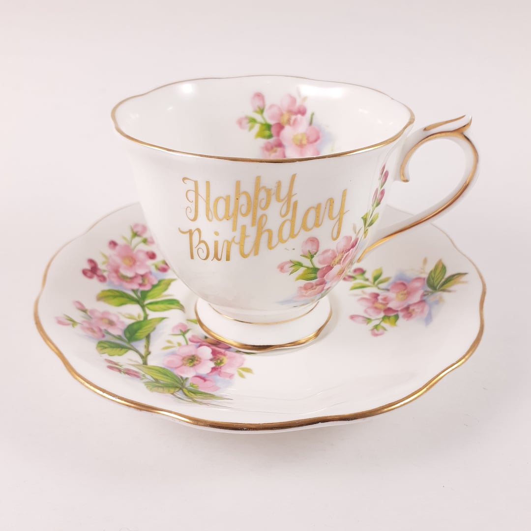 Happy Birthday Tea Cup and Saucer With Royal Albert Evesham Etsy