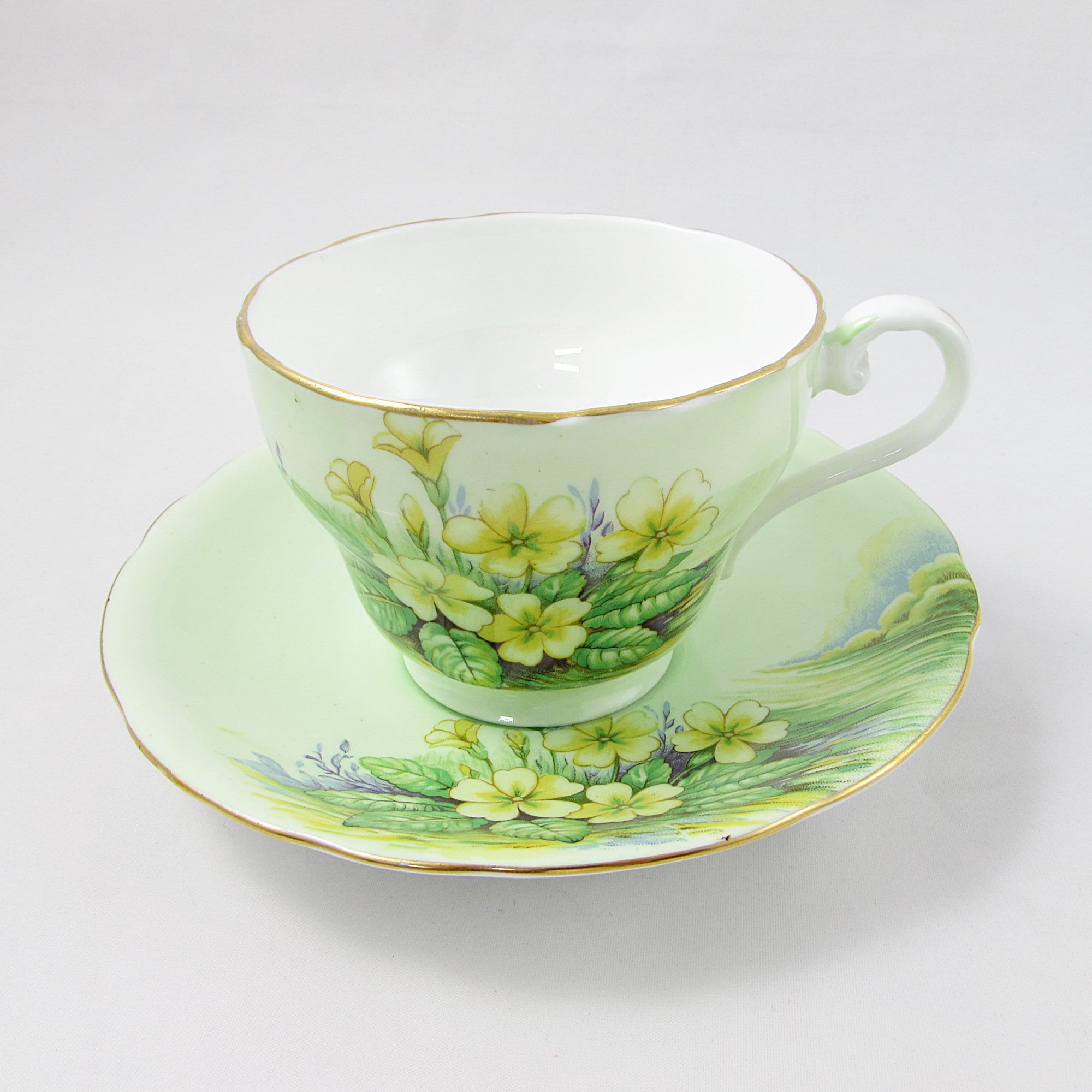 Green Tea Cup and Saucer Set with Yellow Flowers English Bone Etsy