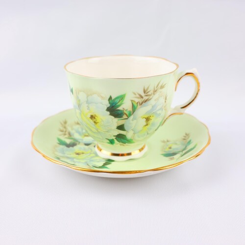 Green Tea Cup and Saucer with White Roses, Vintage English Bone China by Colclough
