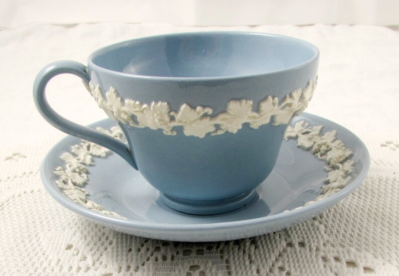 Wedgwood Tea Cup and Saucer Blue and White Embossed Queens Etsy