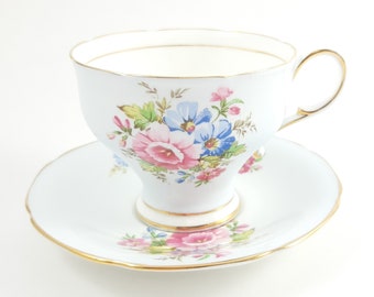 Paragon Tea Cup and Saucer Set, Pale Blue with Flowers, English Bone China, Vintage Tea Cup