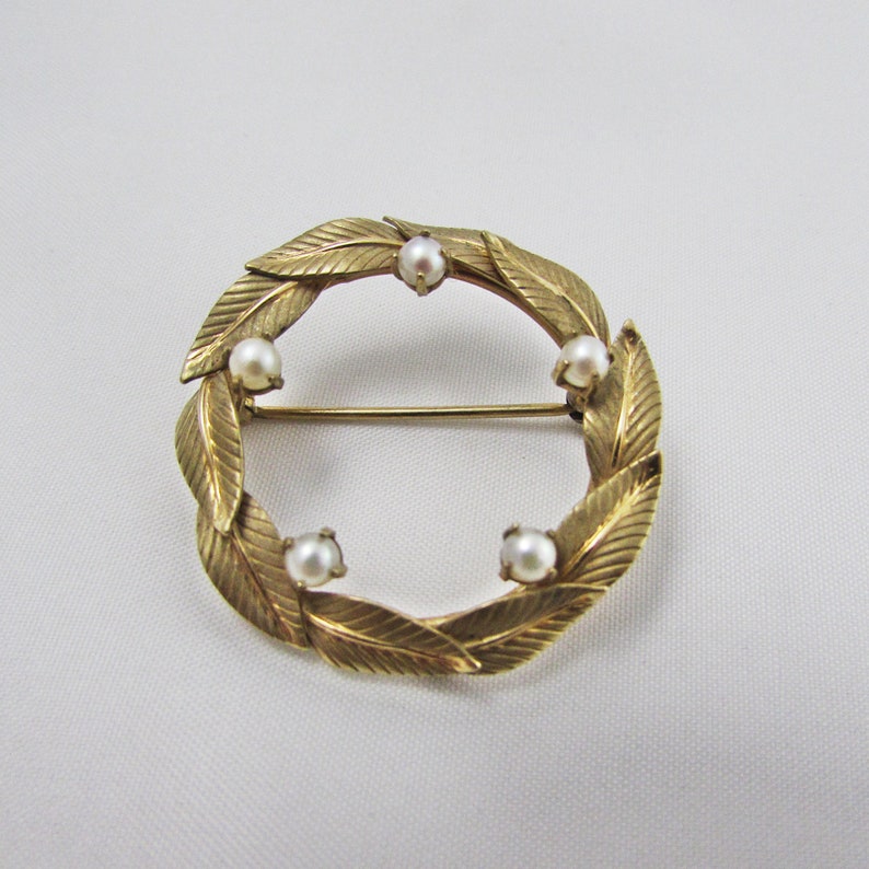 Carl Art Wreath Brooch, Gold Filled with Faux Pearls, Gold Fill Brooch, Vintage Brooch, 1/20 12K G. F. image 1