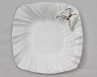 Vintage White and Gold Trinket Dish with Raised Butterfly, La Collection Papillon