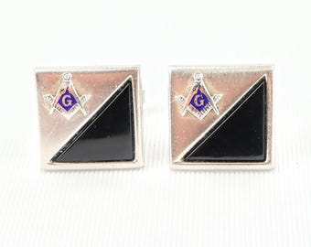 Foster Masonic Silver Tone Cufflinks with Black Inlay, Mid Century Modern Men's Accessory, Vintage Cuff Links