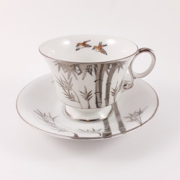 Japan Teacup and Saucer Set by Shafford with Birds, Silver Trimming, Japanese Tea Cup Set