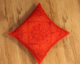 Mirror Work Pillow Cover – 16x16 Hand Embroidered Indian Cushion
