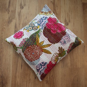 Boho-Chic Kantha Stitch Pillow Cover - 16x16 Hand Embroidered Cotton Cushion | Indian Handmade Home Décor