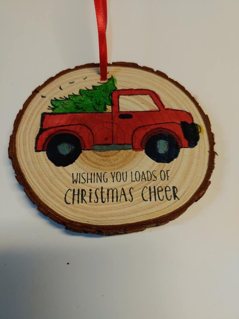 Red Truck Hand Stamped! Rustic 4 inch Wood Slice Christmas Ornament