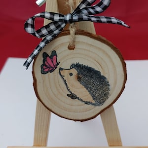 Rustic Wood Slce Ornament - "Happy Hedgehog"