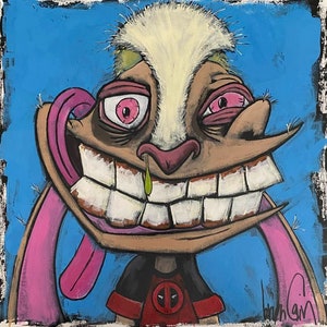May include: A cartoon character with a large, toothy grin and pink ears. The character has a white tuft of hair on its head and is wearing a red and black shirt with a logo. The background is a bright blue.