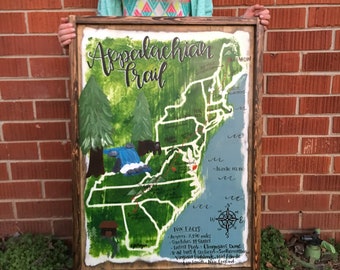 Appalachian Trail Map - Hiking Trail Map - Whimsical Hand Painted Map - 24" x 18"
