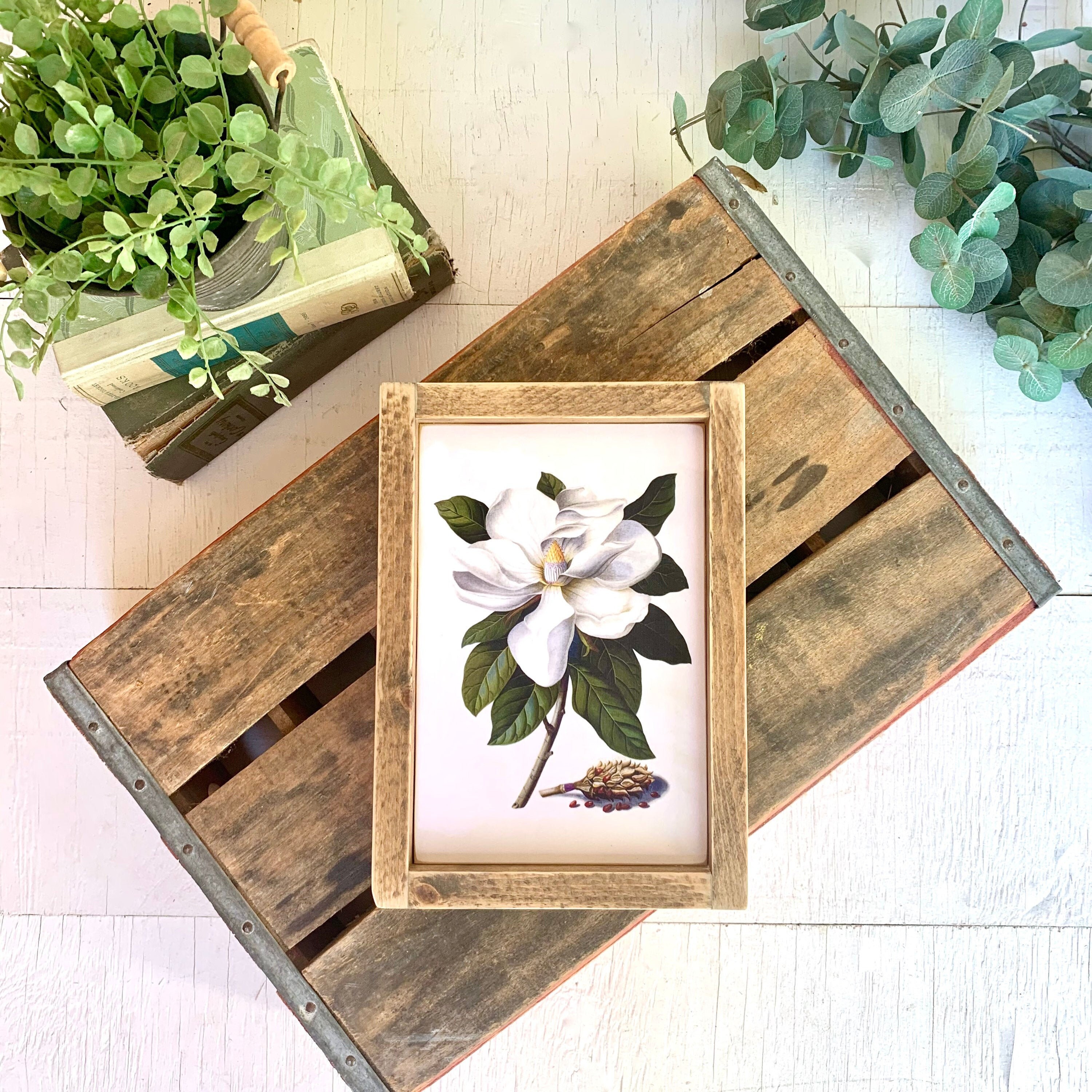 Vintage Magnolia Wall Art - Enseigne d'impression d'art Botanique en Bois Encadrée Mural