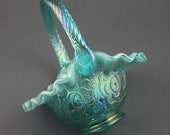 Fenton Persian Medallion Opal Iridescent Teal Green Ruffled Handled Basket