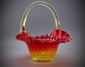 Vintage Fenton Amberina Hobnail Handled Basket Nicely Ruffled