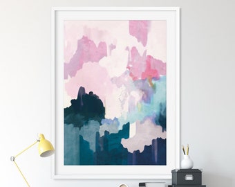 Large Abstract Art, Printable Abstract Wall Art, 24x36 print, Pink wall art, light blue, wall art, blue and white, mixed media, Bedroom art