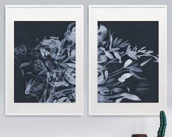 Set of 2 Prints, Abstract Art Prints, Floral Art Print Set, Printable Abstract Art, Navy Blue Wall Art, instant download Art, 16x20 Prints