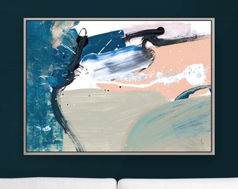 May include: Abstract art print featuring a blue, grey, and pink colour scheme. The print showcases bold brushstrokes and a contemporary design.