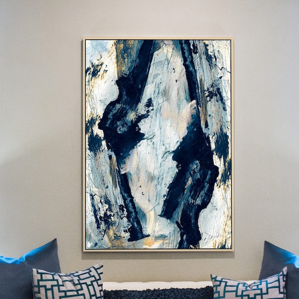 Large Gold and Navy Blue Abstract Painting: Modern Wall Art (Digital Download)