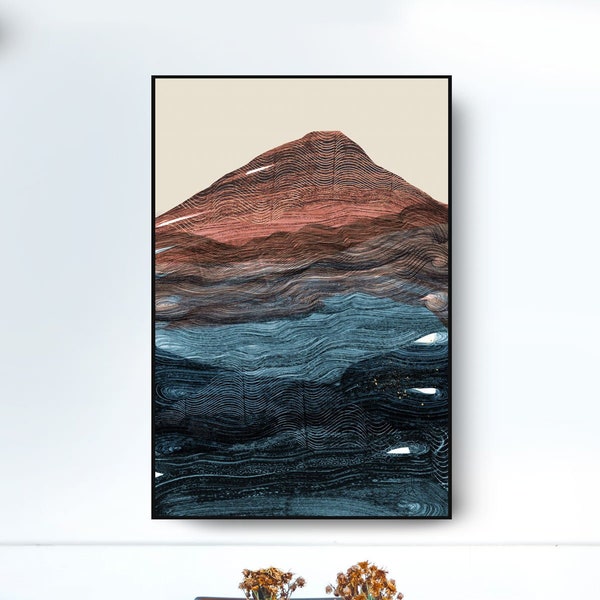 Large Abstract, Mountain Print, Printable Art, Large Wall Art, 24x36 Art, Navy blue Art, Mount Fuji Painting, Art to download, Dan Hobday