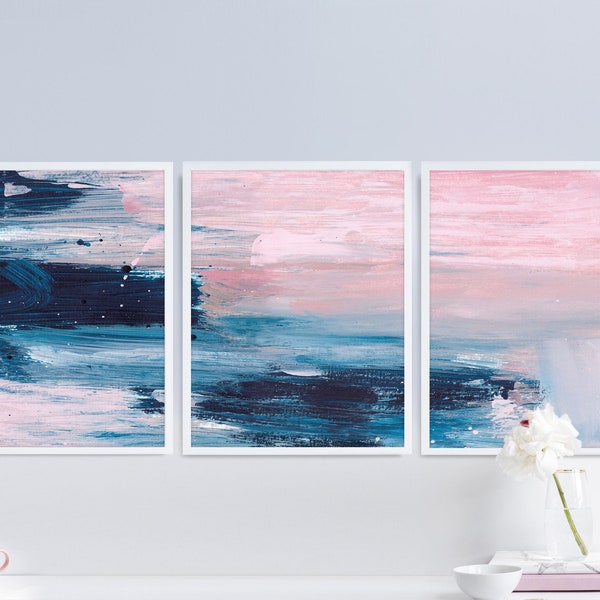 Set of 3 Prints, Abstract Art Print Set, 3 Abstract Prints, Pink and Blue art, Printable Abstract, instant download, Blush Pink 16x20 Prints