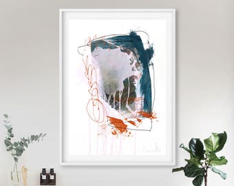 May include: Abstract art print with a white background and a blue, green, and orange abstract design. The design is framed by a black line and has a white border.