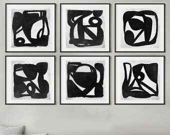 Abstract Art Print Set, Set of 6 Black and White Art, Printable Abstract, instant download, Dan Hobday Art. Large Wall Art, Minimal Art Set