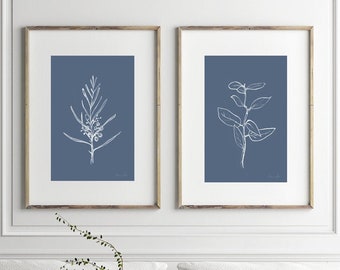 Set of 2 Prints, Botanical Print Set, Dan Hobday Art, 24x36 Wall Art, instant download Art, Botanical Printable, 2 Prints, Blue Wall Art