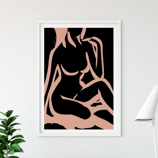 Nude Painting, Abstract Figure, black and blush, A2 art, Printable Abstract Art, Pink and Black, life drawing, Scandinavian, hand painted