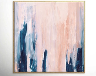 May include: Abstract painting with a pink and blue colour scheme. The painting features vertical brushstrokes in shades of blue and pink, creating a layered and textured effect.