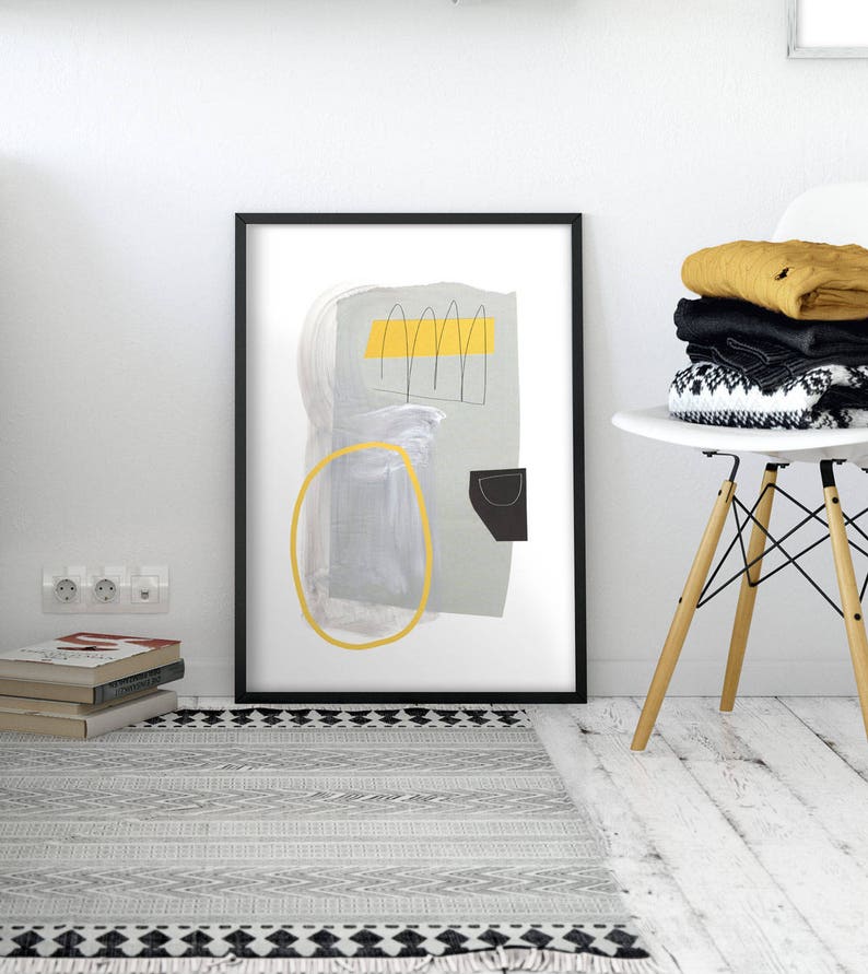 Large Abstract Minimalist Art Yellow and Gray Wall Art Etsy