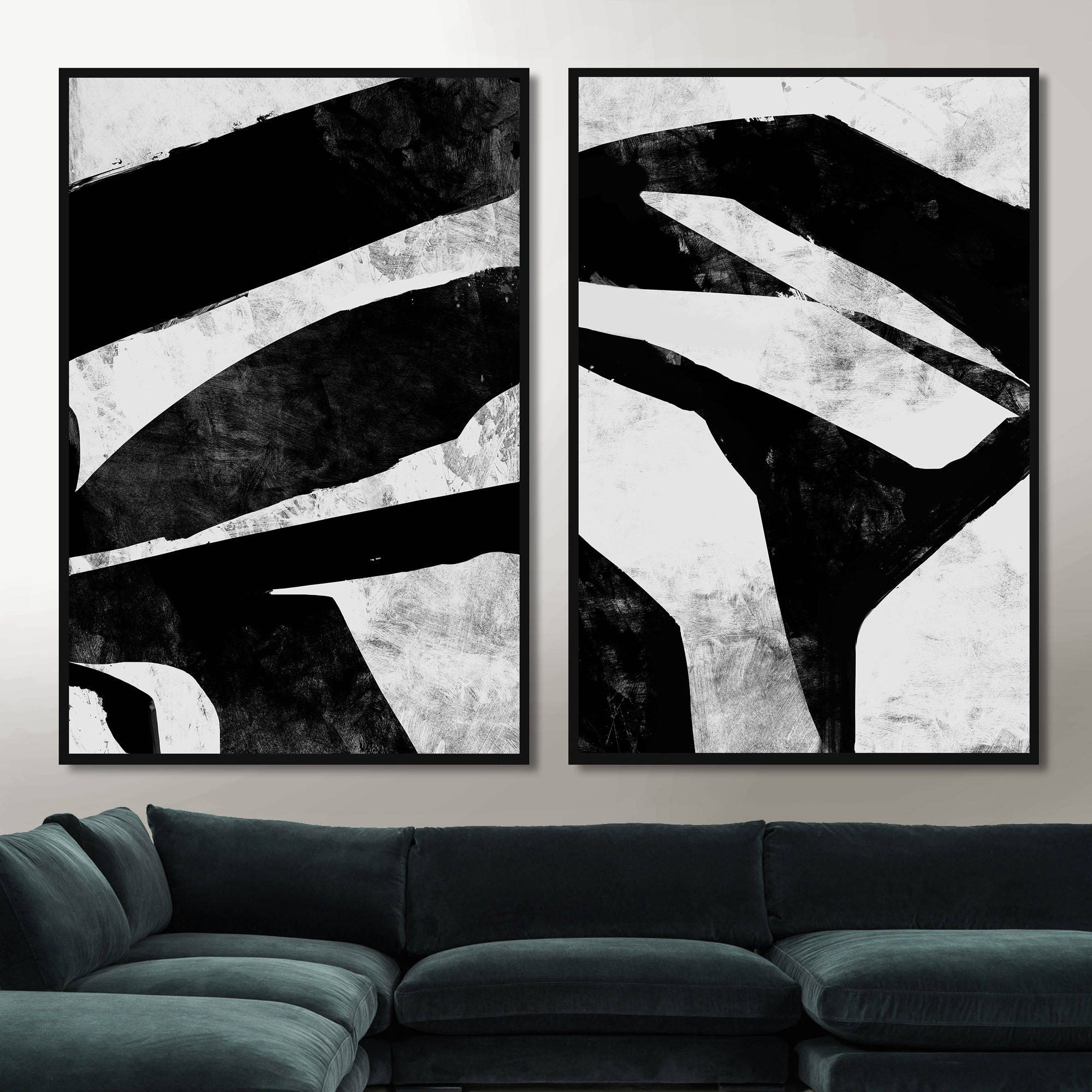 Set Of 2 Prints Black White Painting Printable Abstract Art Etsy