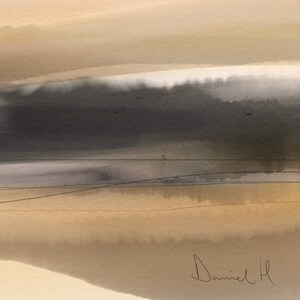 May include: Abstract watercolor painting with layers of brown, beige, and gray. The painting has a horizontal orientation and a minimalist style.