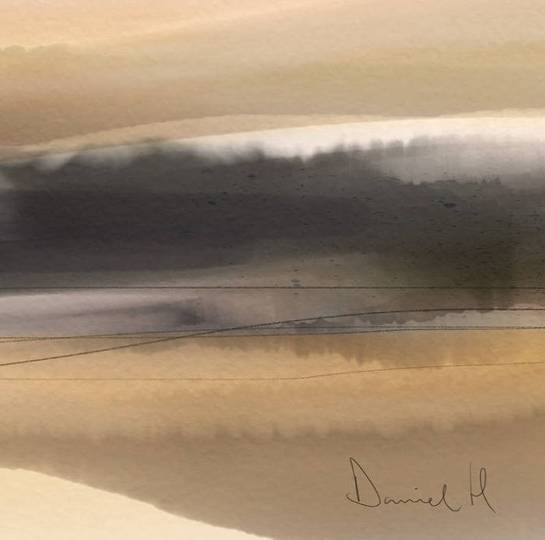 May include: Abstract watercolor painting with layers of brown, beige, and gray. The painting has a horizontal orientation and a minimalist style.