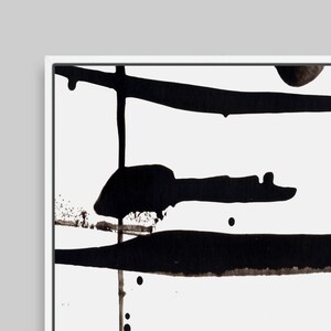 May include: Abstract black ink painting on white canvas. The artwork features bold, black brushstrokes and splatters against a stark white background. The composition includes horizontal and vertical lines, creating a dynamic and modern aesthetic.