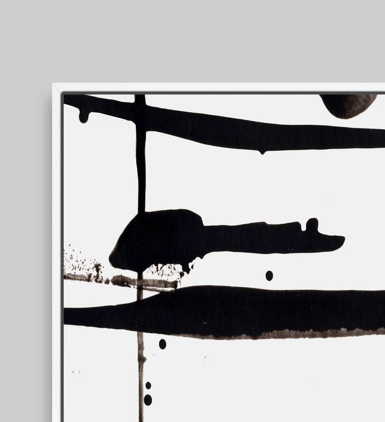 May include: Abstract black ink painting on white canvas. The artwork features bold, black brushstrokes and splatters against a stark white background. The composition includes horizontal and vertical lines, creating a dynamic and modern aesthetic.