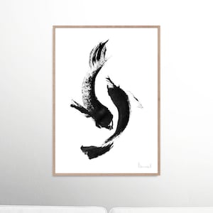 Koi Fisch Druck, druckbare Kunst schwarz und weiß, Koi Gemälde, handgemalte Originalkunst, minimale Tierkunst, digitale Downloads, Fischkunst