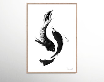Minimalist Koi Fish Art Print: Black and White Animal Painting (Digital Download)