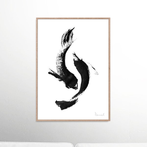 Koi Fish Print, Printable art black and white, Koi Paintings, Hand painted original art, minimal animal art, digital downloads, fish art