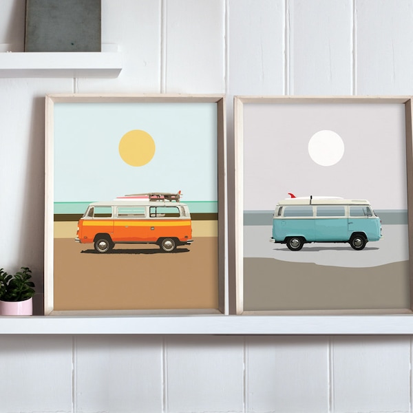 Lot de 2 impressions, impression de camping-car, plage décor imprimé, Surf imprimer, camping-car cadeaux, Art de la plage, Coastal Wall Art, Retro Van imprimer, Dan Hobday