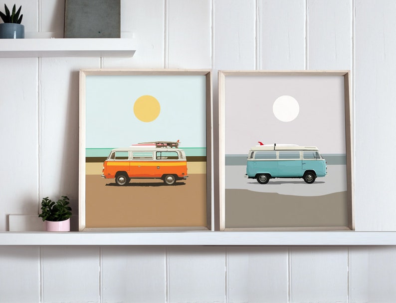 Set of 2 Prints, Campervan print, Beach Decor Print, Surf print, Campervan Gifts, Beach Art, Coastal Wall Art, Retro Van Print, Dan Hobday image 1