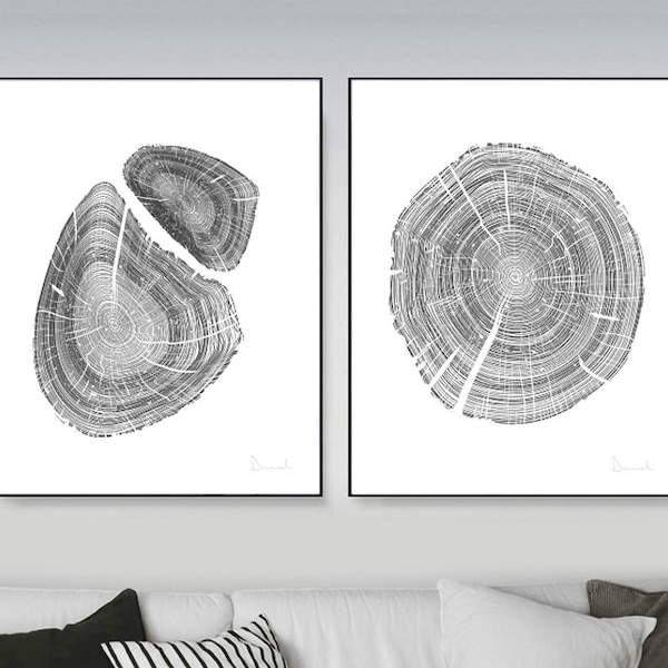 Oak Tree Rings Black and White Hand Drawn PRINTABLE English Oak, anniversary gift, 12 x 16. 16x20 ,Tree Ring print, Wood Prints, log slice