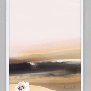 May include: Abstract landscape painting in a white frame. The painting features a soft, muted color palette of pink, beige, and brown. The artist's signature, "Daniel H", is visible in the bottom right corner.