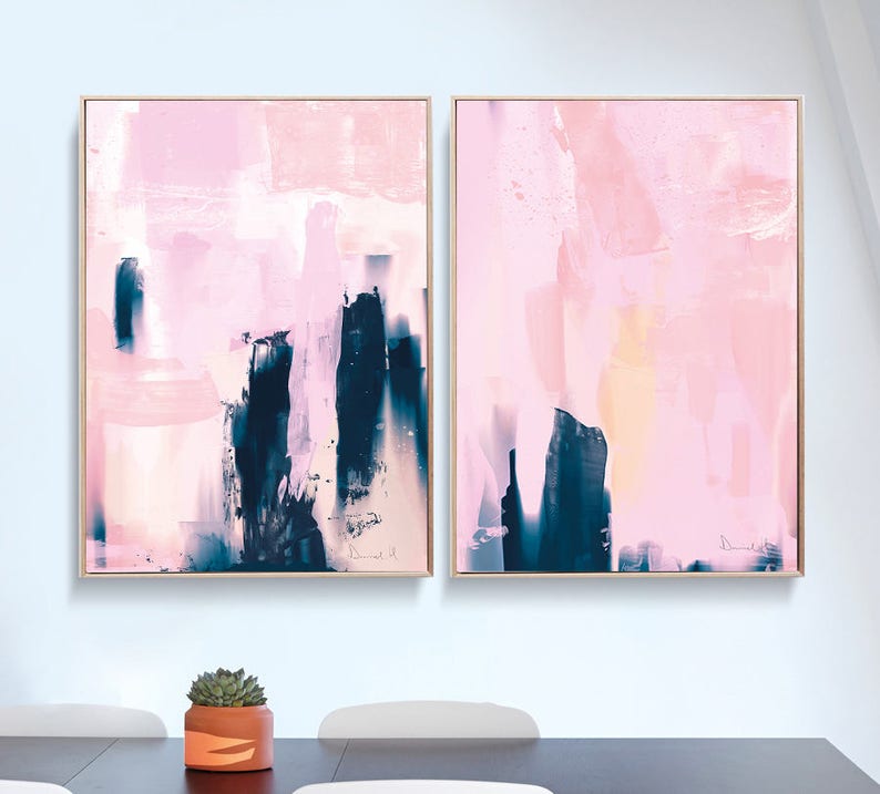 Set of 2 Prints, Abstract Art Prints, Large Wall Art, Printable Abstract Art, Navy Blue and Pink, instant download Art, Minimal Art A1 Print image 1